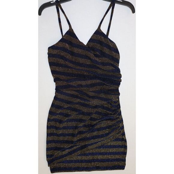 Cosmo Dress The Population Women's Sz XS Blue Gold XoXo Ruched Mini Dress - Picture 1 of 7